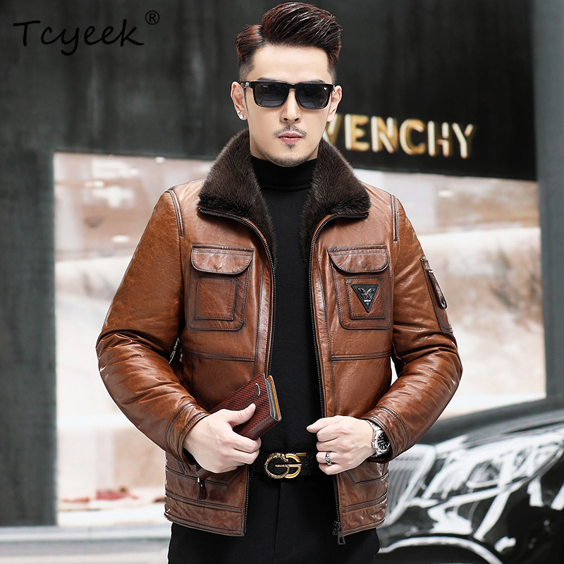 Warm Winter Clothing - Tcyeek Herrenjacke aus Echtem Schafsleder, Warme
