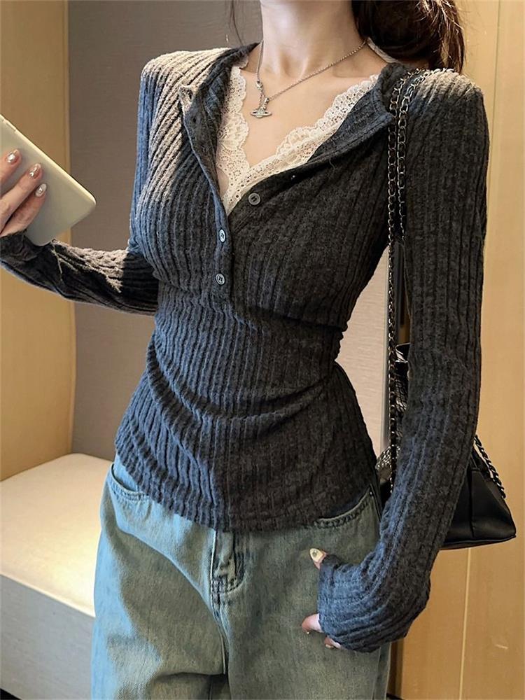 Winter Clothing Aesthetic - Frauen Top Spitze Patchwork Langarm T-Shirt