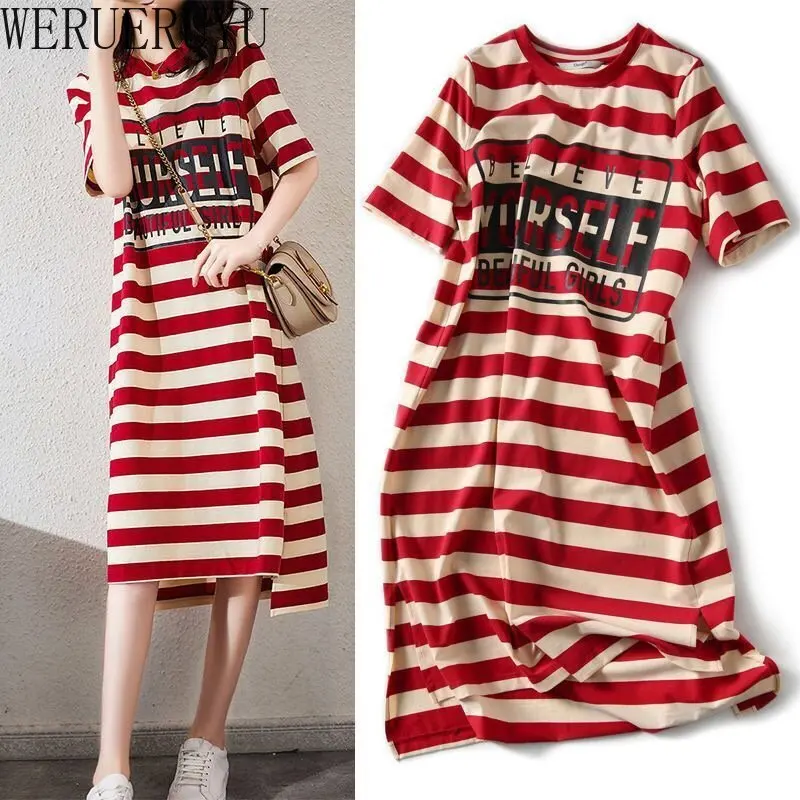 Winter Clothing Aesthetic - Gestreiften Print Kurzarm Midi Kleid Sommer