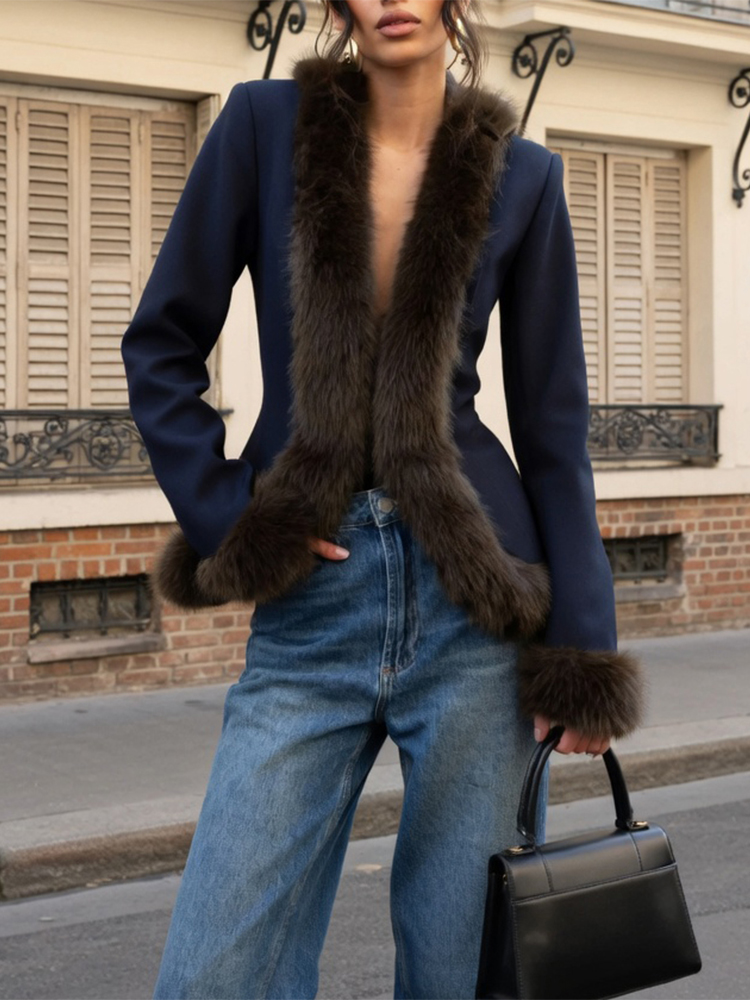 Winter Clothing Online - Damen Pelz-Patchwork Rockanzug Retro Slim Langarm-Mantel