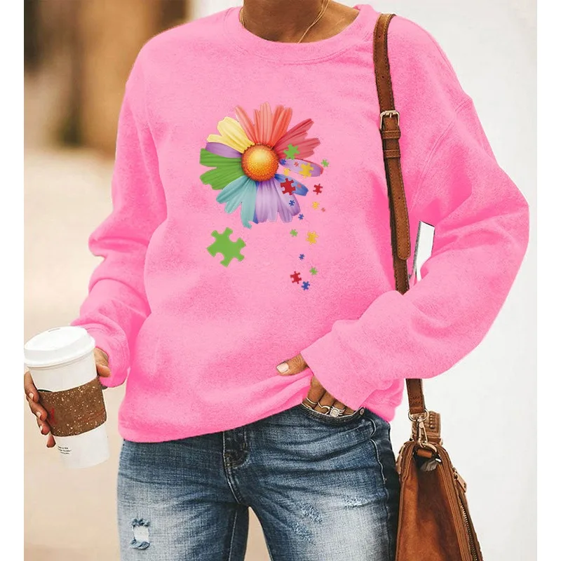 Winter Clothing Aesthetic - Ästhetisches Damen-Sweatshirt mit kleinem Gänseblümchen-Aufdruck, langärmelig,